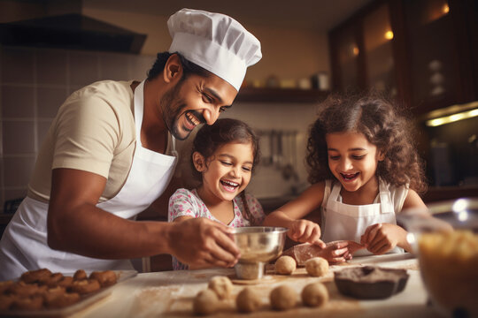 Indian man making cookies with his lovely daughters at home