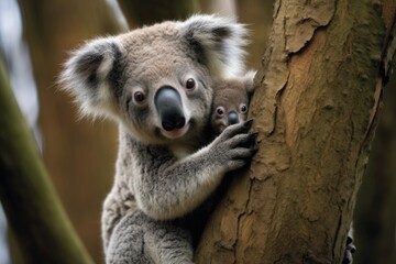 koala with joey clinging to its back on tree