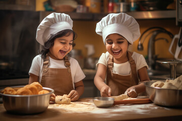 cute indian little girls in chef uniform, making cookies