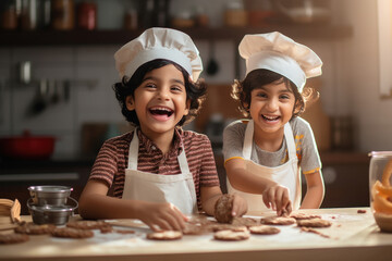 cute indian little girls in chef uniform, making cookies.