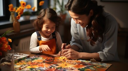 Mother and young daughter doing autumn activities