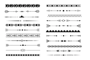 Fototapete Boho-Stil Set african tribal motive border in doodle hand drawn style from geometrical shapes isolated on white background. boho scandinavian srtoke, traditional native decor.