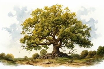 Artistic depiction of oak tree using watercolor. Generative AI