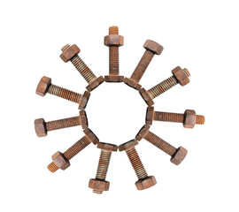 Old rusty bolt and nut over isolated on white background