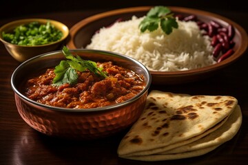 North Indian kidney bean curry with rice and roti. Generative AI