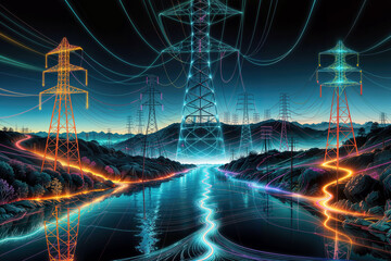 Ethereal landscape with a smart grid and power line