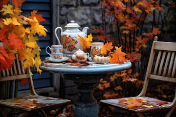 outdoor table set with ceramic tea set and autumn leaves