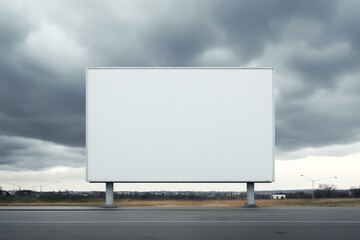 Outdoor advertisement display with empty space and design layout under cloudy sky. Generative AI