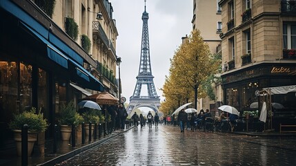 Fototapeta na wymiar Paris in the Rain: The Cobbled Streets Glistening