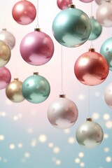 Naklejka na ściany i meble Christmas colorful baubles hanging on pastel with sparkle background vertical
