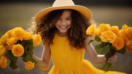 Young girl with curly hair in a yellow dress is holding a bouquet of yellow flowers.