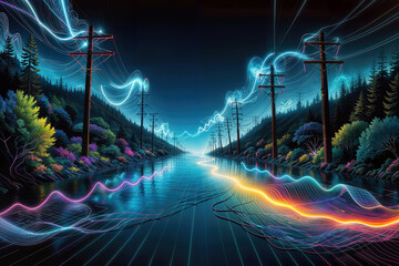 A colorful wallpaper with neon lines and power line