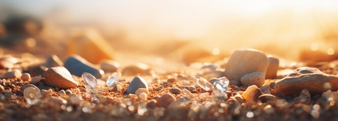 close up of rocks on sand blurry beach abstract background - obrazy, fototapety, plakaty