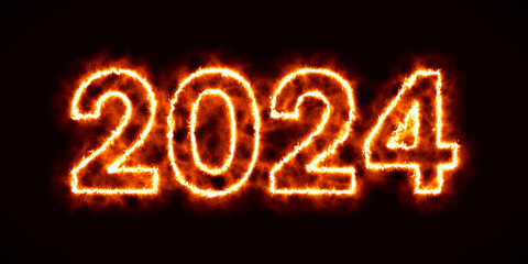 Illustration of an abstract fire with the year 2024 - represents the new year - happy new year concept