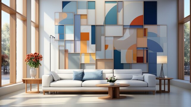 Living room interior design. Comfortable sofa, painting on the wall with geometric shapes. Bright sunlight.