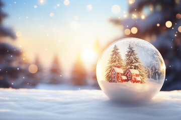 Christmas bauble glass ball on snow.Merry Christmas and Happy new year concept.