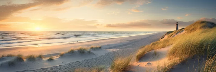 Selbstklebende Fototapeten Golden sands and coastal bliss. Summer paradise. Seaside serenity. Sunset over coastal dunes. Nature beauty. Sandy beaches and clear blue skies © Thares2020