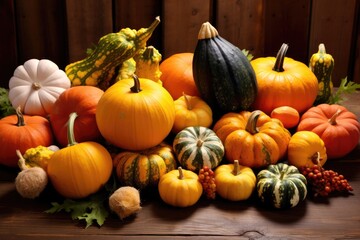 assortment of winter squash on a wooden table
