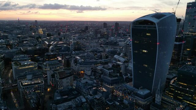 Drone view of London city center at dusk, England, United Kingdom