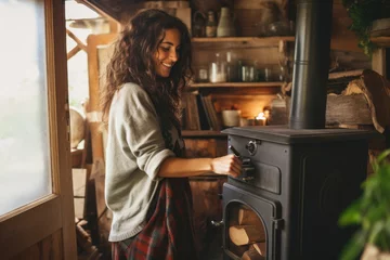 Foto op Plexiglas Woman putting logs in wood burning stove © Jasmina