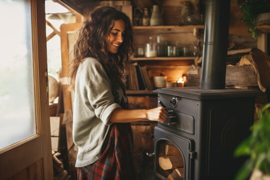 Woman putting logs in wood burning stove