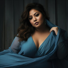 Fototapeta premium Happy plus-size lady, overweight woman in fashion dress posing in studio