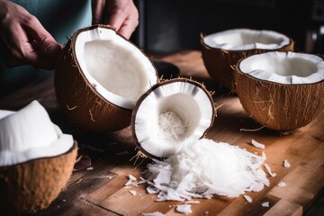 cracking open fresh coconuts to use in a raw vegan cake recipe - obrazy, fototapety, plakaty