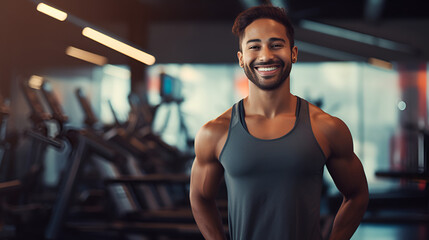 Muscular indian man in sportswear, smiling and looking at the camera on the background of the gym. Personal trainer. The concept of a healthy lifestyle and sports.