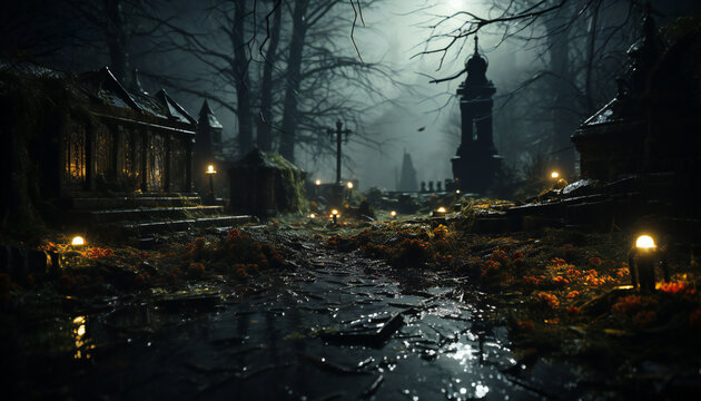 Recreation of a dark and terrorific english cemetery a Halloween night