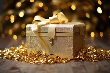 elegant golden box overflowing with tinsel