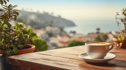 coffee cup on a wooden table in beautiful sea view, outdoor background - obrazy, fototapety, plakaty