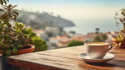 Fotobehang coffee cup on a wooden table in beautiful sea view, outdoor background © Katewaree