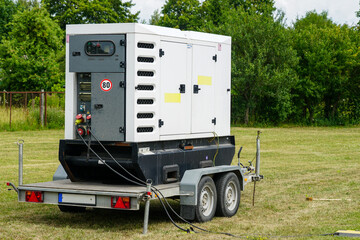 Connected large rental diesel generator on a mobile trailer for outdoor event power supply - obrazy, fototapety, plakaty