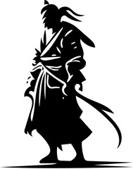 Black and white samurai vector illustration, logo design of a traditional Japanese warrior with katana sword 