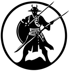 Black and white samurai vector illustration, logo design of a traditional Japanese warrior with katana sword 