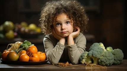 Fotobehang A little girl pondering amidst a vegetable spread © Mustafa