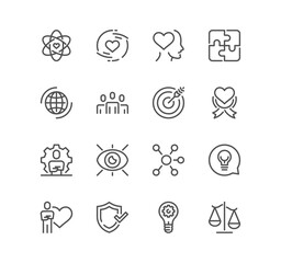 Set of core values as trust related icons, integrity, environment, empowerment, strategy, morality, and linear variety vectors.