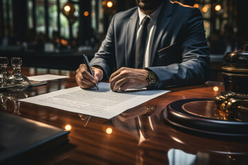 Close up business man signing contract on desk in office , business approve , signing contract , agreement and working document permit - obrazy, fototapety, plakaty