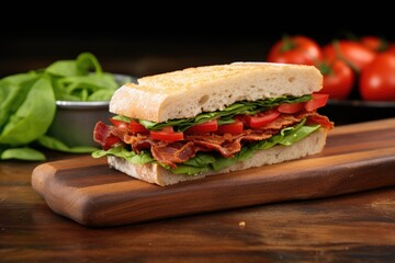 sandwich with bacon, lettuce, and tomato on a stone surface