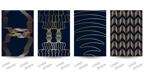 Luxurious geometric backgrounds set. Golden geometric pattern with glitter texture on dark blue. For printing on covers, banners, sales, flyers. Modern design. Vector.