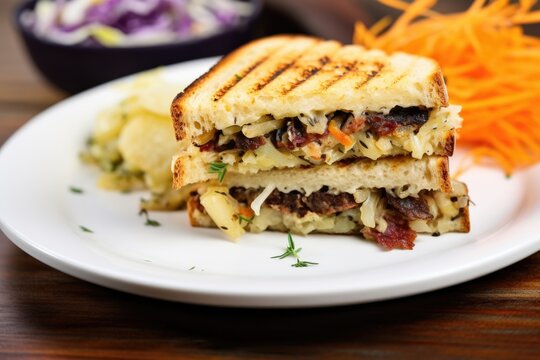 Grilled Sandwich With Sauerkraut Side View On White Plate