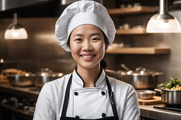 Portrait of a smiling chinese female chef with hands crossed in the kitchen.