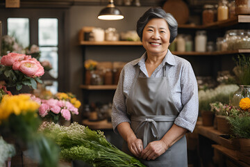 Portrait of a happy chinese mature woman standing in her flower shop. Standing at the entrance is a successful small business owner in an ordinary gray apron. - obrazy, fototapety, plakaty