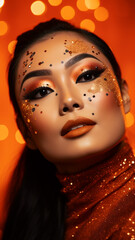 Christmas beauty photo of an asian girl with fashion makeup, sparkles, New Year