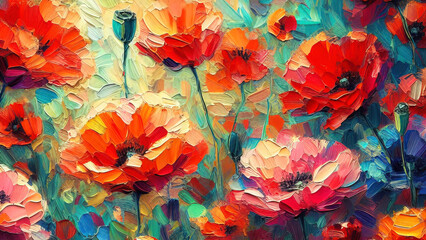 Red poppies flowers background, oil painting on canvas illustration.