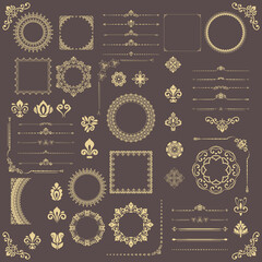 Vintage set of horizontal, square and round golden elements. Different elements for backgrounds, frames and monograms. Classic patterns. Set of vintage patterns - 658073306