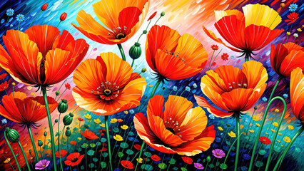 Red poppies flowers oil painting on canvas, beautiful colorful flowers background.