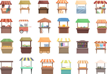 Crafts marketplace icons set cartoon vector. Street market. Food shop