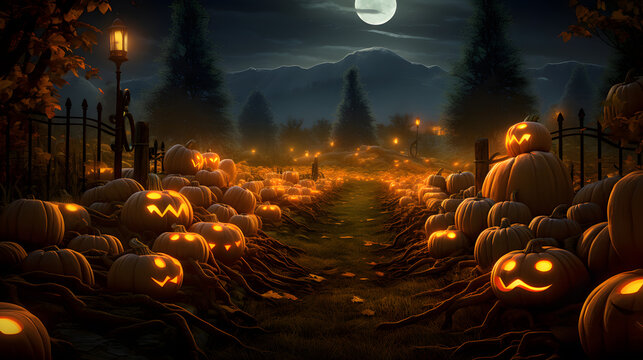 Immerse yourself in the vibrant orange hues of a magical pumpkin patch, with intricately carved jack-o'-lanterns aglow. It's an awesome Halloween harvest.