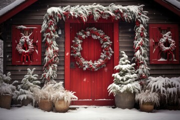 Red barn in the snow decorated with a New Year's wreath.